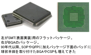 左がSMT(表面実装)用のフラットパッケージ。右がBGAのパッケージ。90年代以降、SOPやQFPに加えパッケージ下面のパッドに球状半田を取り付けたBGAやCSPも増えてきた